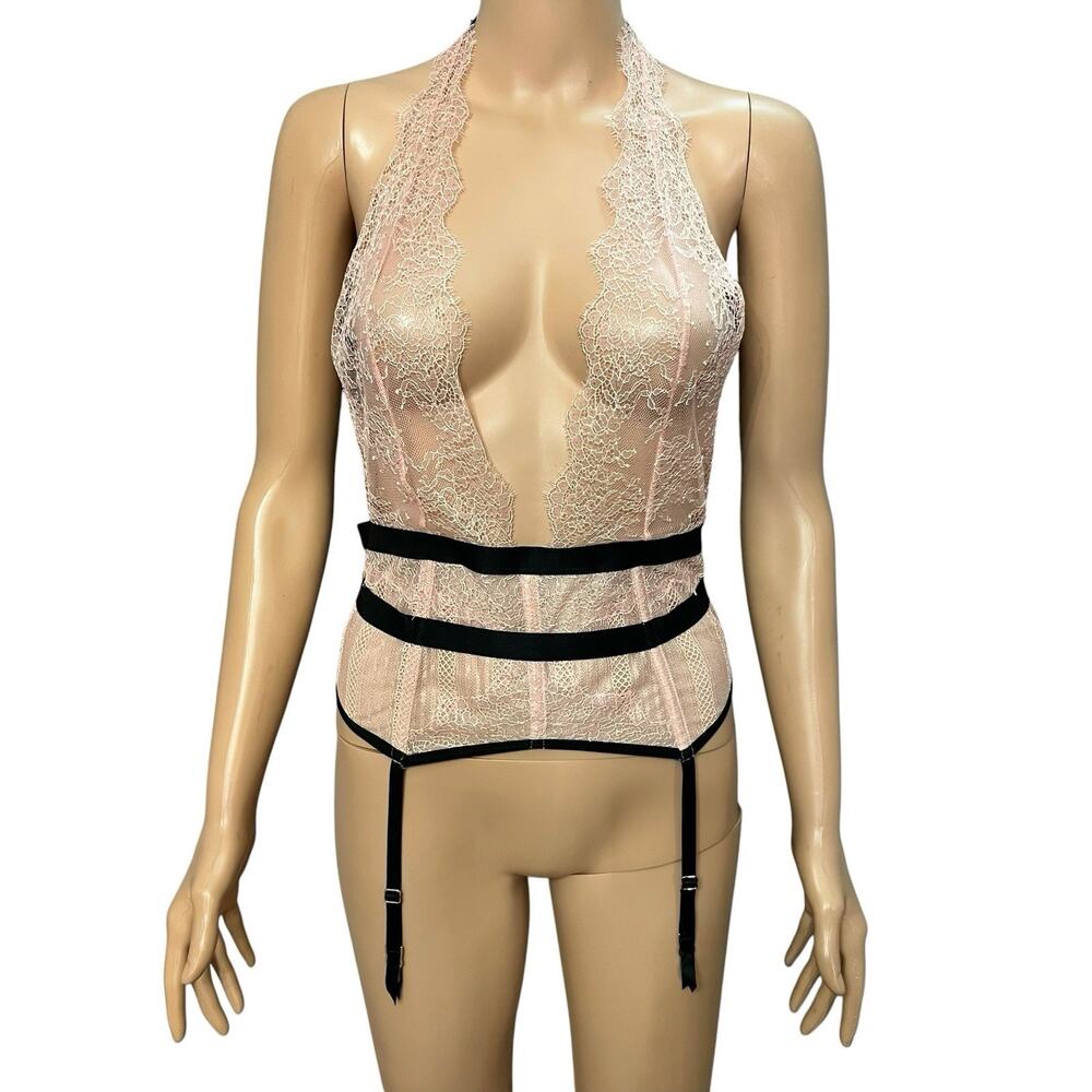 Victorias Secret Lace Teddy Medium Halter Sheer Plunging Garter Clips Pale Pink